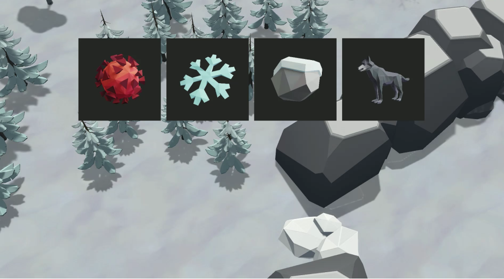 Threat selection in the game showing: Virus infection, Avalanche, Wolfs and Blizzard